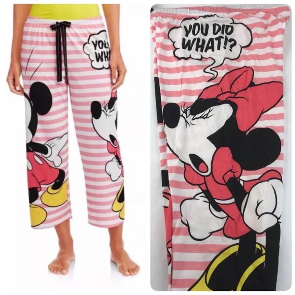 ❌SOLD❌ Disney NWOT Mickey Minnie Mouse Pajama Pants YOU DID WHAT Striped Small - Picture 1 of 5